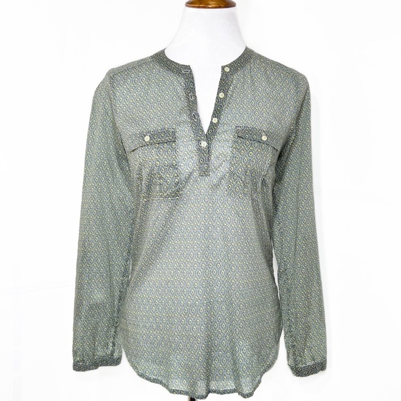 Anthropopogie Blue & Yellow Ikat Geometric Diamond Printed Roll Tab Sleeve Tunic - Picture 8 of 12